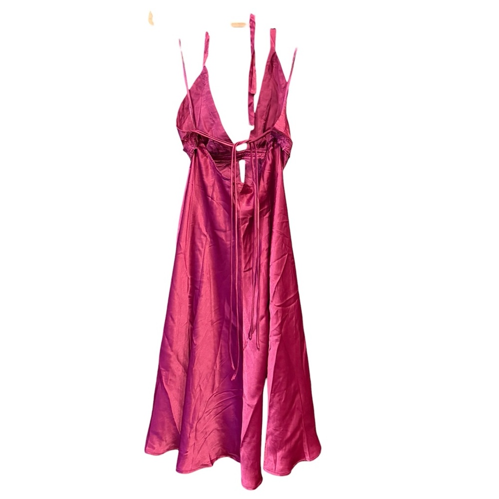 Mystic Satin Halter Dress Open Back Tie Waist Fuchsia Midi size L ARZ